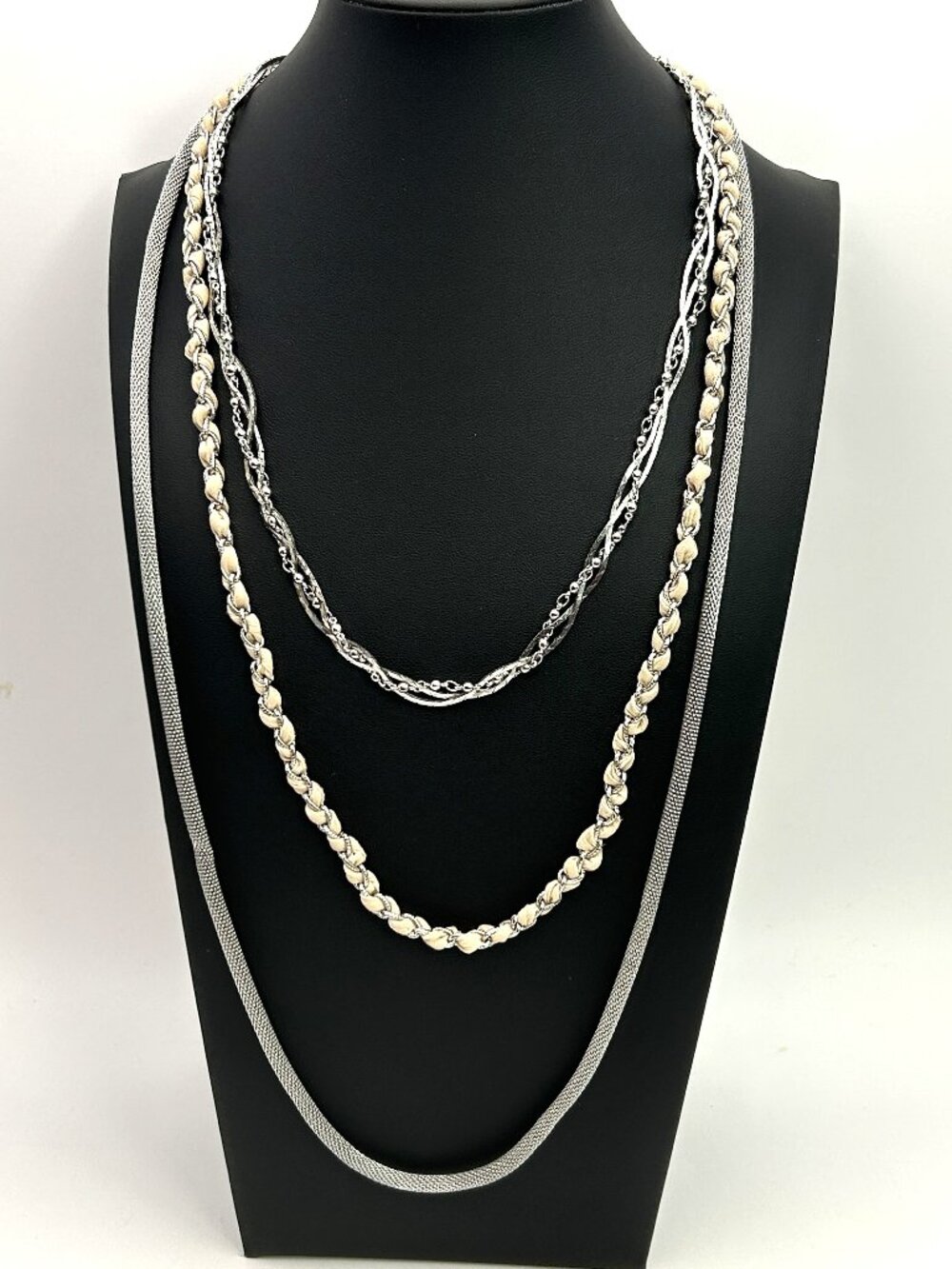 Ann Taylor Layered Multistrand Statement Necklace Silver Tone Mesh Long